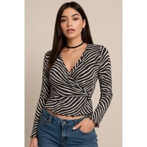 Vintage Y2K Harold's Sheer Mesh Wrap VNeck Lettuce Hem Zebra Print Top Size Med